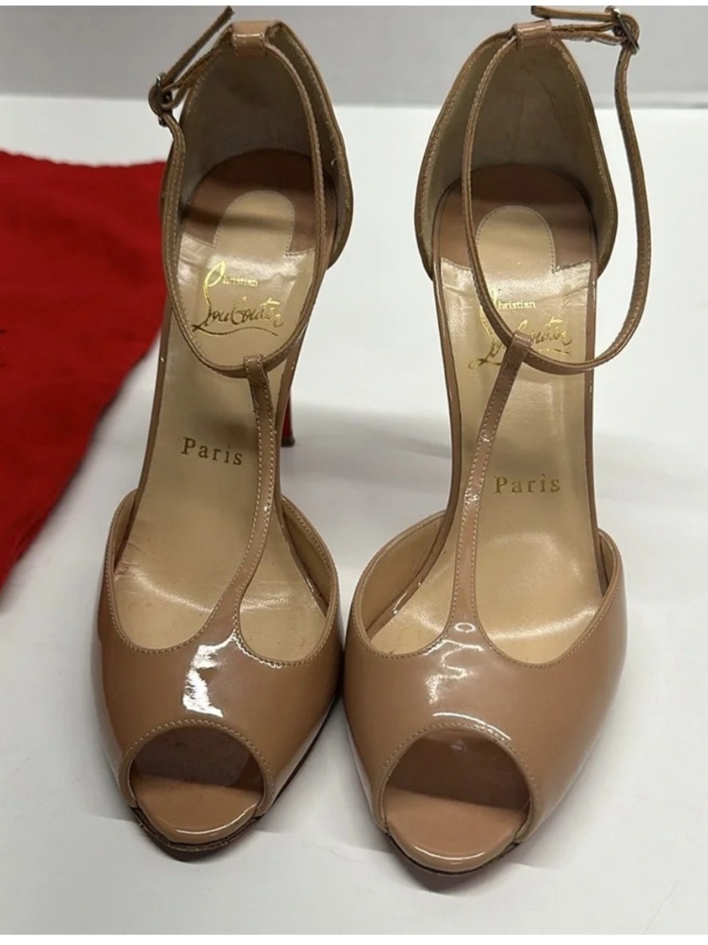 Christian Louboutin Nude Peep-Toe T-Strap Stiletto Heels. Size 8. - Picture 3 of 9
